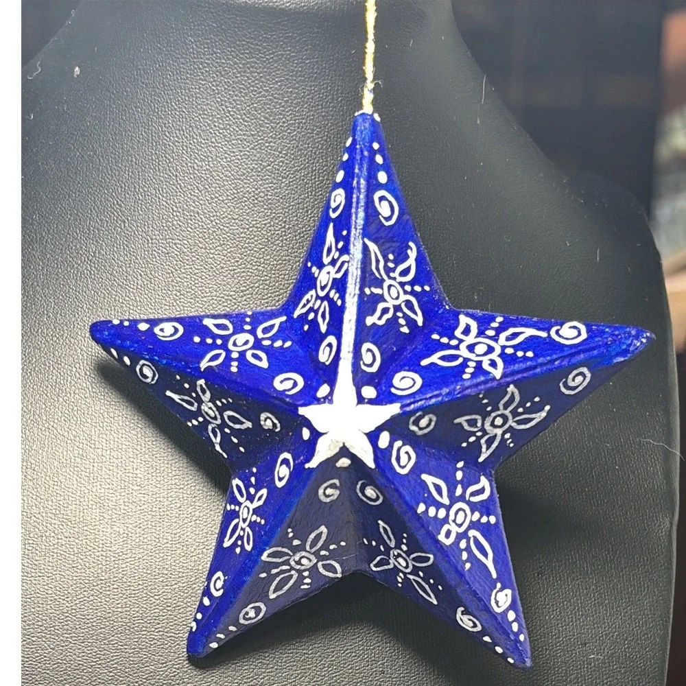 Christmas Ornaments Blue Hand Painted Folk Art Papier Mache Star Finial Set 2